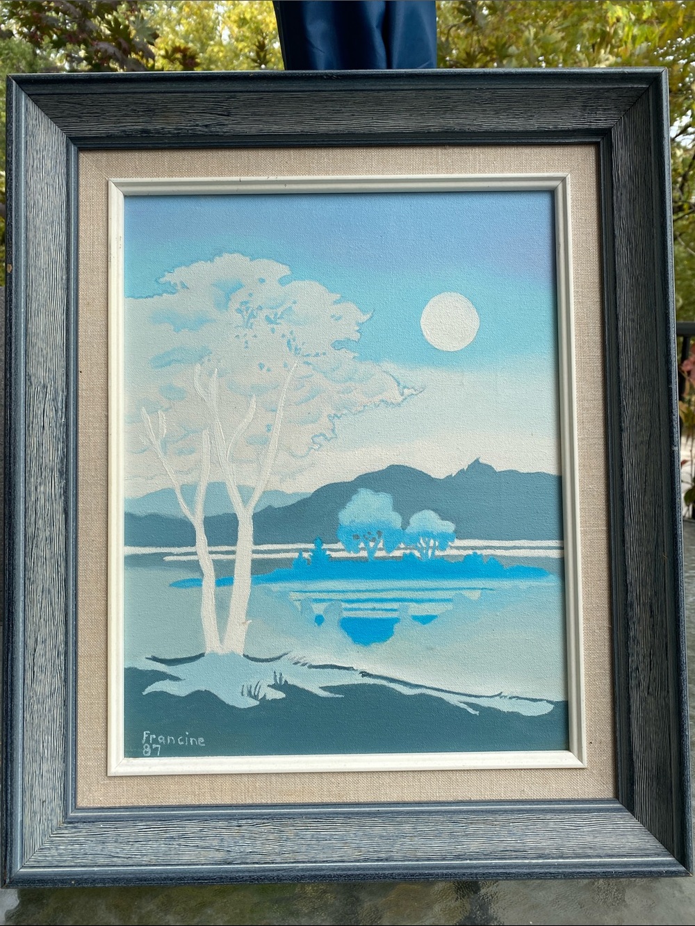 Blue Lakeside Landscape Framed Original Painting by Francine 87